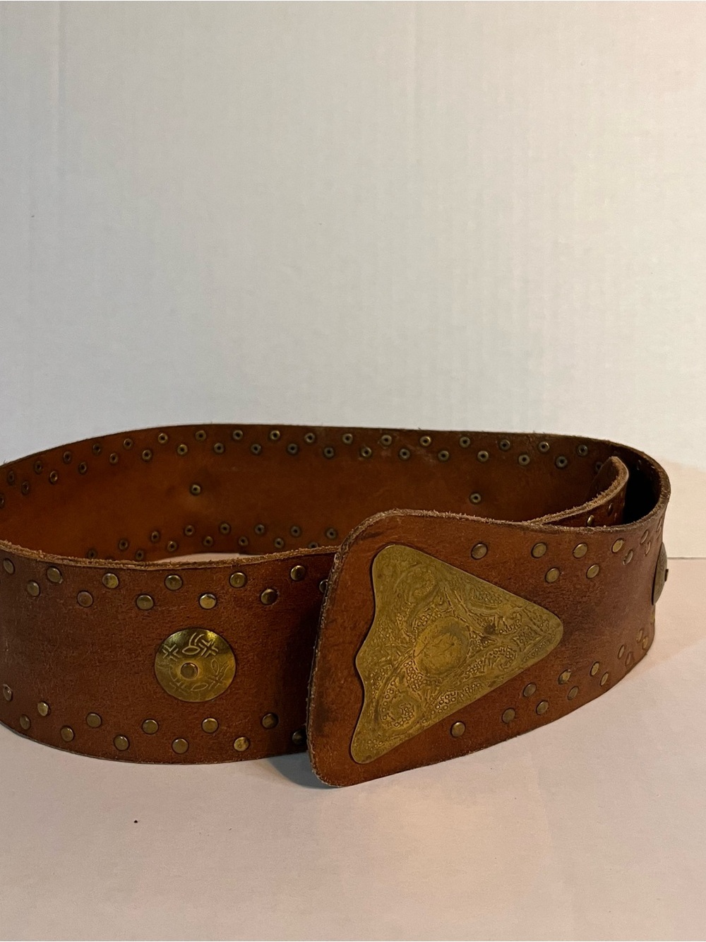 Wide Brown Studded Leather Women's Belt with Decorative Brass Plate